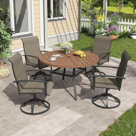 VICLLAX 5 Pieces Patio Outdoor Dining Set, 4 Swivel Textilene Chairs and 47.2" Round Metal Table with Umbrella Hole for Porch, Deck, Garden, Walnut/Brown