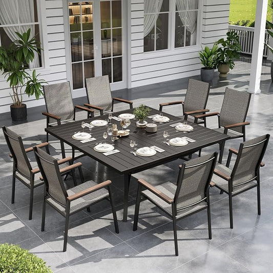 Sophia & William Patio Dining Set for 8 w/Square Table & Aluminum Chairs | Metal table, Grey Stackable Chairs, Breathable & quick-drying, Light-weight & space-saving, Umbrella Hole, Outdoor