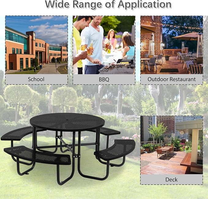 46" Round Outdoor Metal Coffee Picnic Table for Patio, Backyard, Garden and DIY (Includes 4 Built-in Benches) - Black