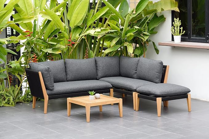 Urban Elements Famiglia 5-Piece Wood Outdoor Sectional | Teak Finish 100% FSC Eucalyptus | Backyard Sectional Furniture, Patio Conversation Sets, Outdoor Seating Set, Black