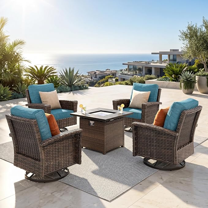 Patio Furniture Set with Swivel Chairs, High Back Wicker Rattan Furniture with 5.5" Thick Cushions & Fire Pit Table, All Weather Outdoor Conversation Set for Backyard Deck, 4 Seats, Blue