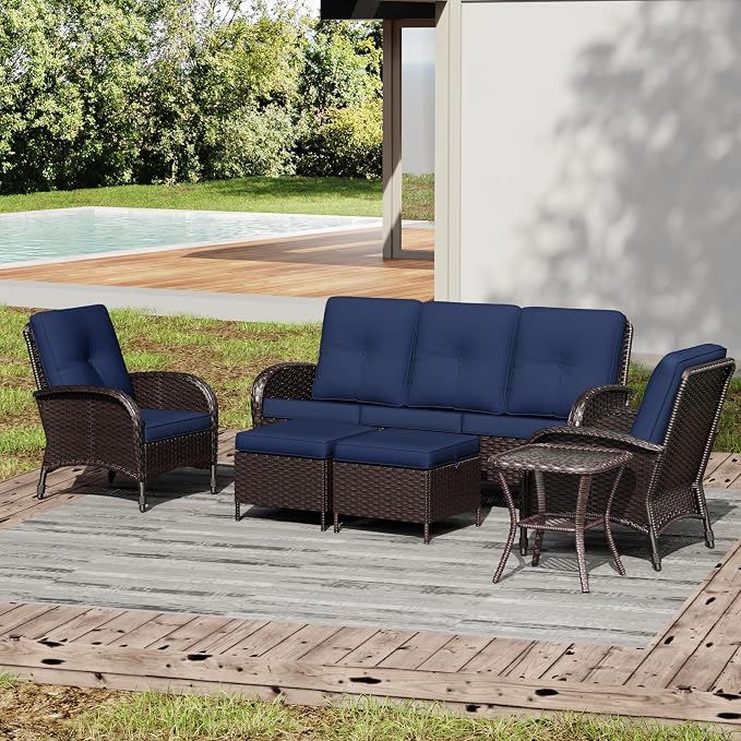 Joyside Wicker Patio Furniture Set, 6 Piece Outdoor Furniture Set with Thickened Cushions, High Back, Deep Seating, Wide Armrest, Rattan Outdoor Chairs for Porch, Deck