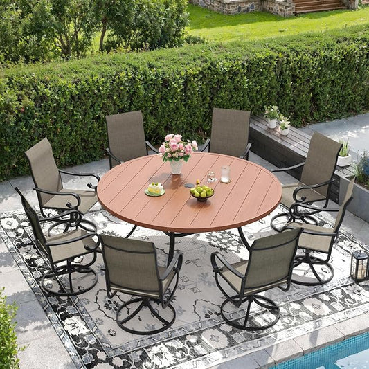 DIFY 9 Pieces Outdoor Dining Set for 8, Outdoor Furniture Set of 8 Brown Textilene Swivel Patio Chairs, 60" Walnut Round Metal Dining Table with Umbrella Hole, for Garden Deck Backyard