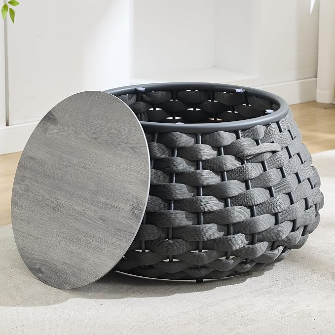 28 inch Outdoor Side Table, Large Patio End Table with Removable Lid Round Accent Side Tables with Metal Frame and Hollow Out Bottom for Patio, Balcony Porch, Poolside, Garden, Yard (Gray)