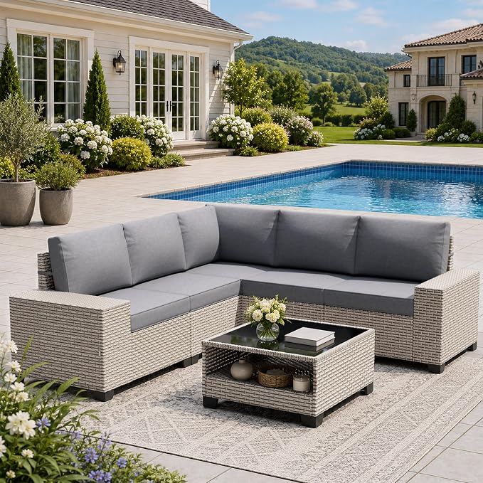 6-Piece Outdoor Patio Furniture Set, Modular Sectional Sofa Set with Glass Coffee Table and Cushions, Wicker Outdoor Couch Conversation Sets, Gray