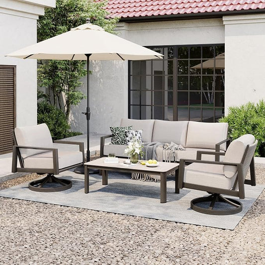 HAPPATIO Patio Conversation Set, 4-Piece Aluminum Oversized Patio Furniture Set with Rope Backrest,2 Swivel Chairs and 3-Seat Sofa with Thick Cushion, Hand-Brushed Frame for Yard, Porch, Balcony
