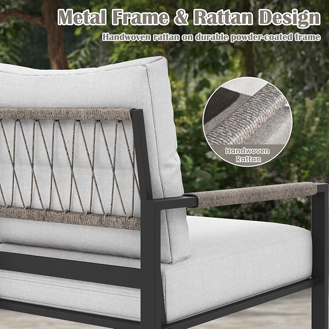 5 Pieces Rattan Outdoor Furniture Set, All-Weather Patio Conversation Set with Warm Grey Cushions and Coffee Tables for Garden, Backyard, Balcony, Poolside
