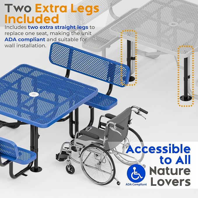 Metal Picnic Tables for Outdoors with Umbrella Hole - Coated Steel Heavy Duty Commercial Grade Furniture (Blue, 46 in, Square with Back, Expanded Steel)