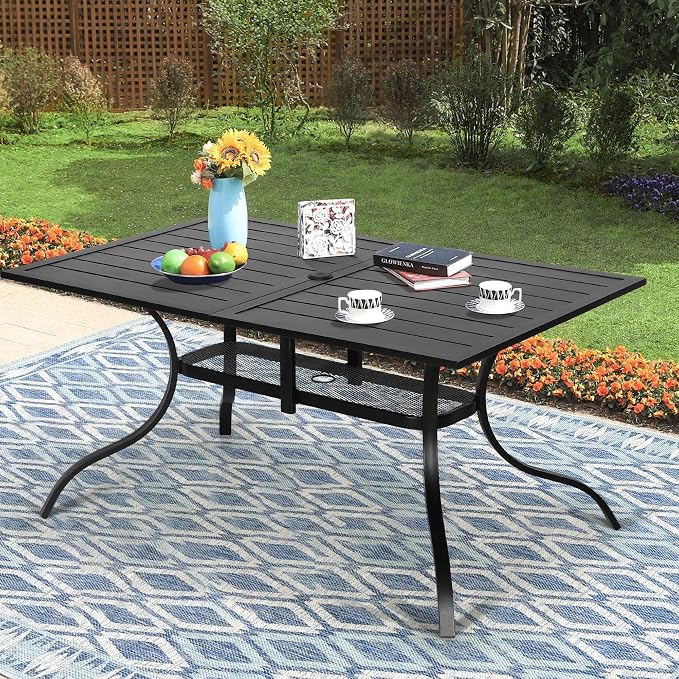Oakcloud 60"x36" Patio Dining Table, Outdoor Metal Rectangular Table Patio Furniture Classic Black Table with 1.57" Umbrella Hole, for Garden Backyard Poolside Deck