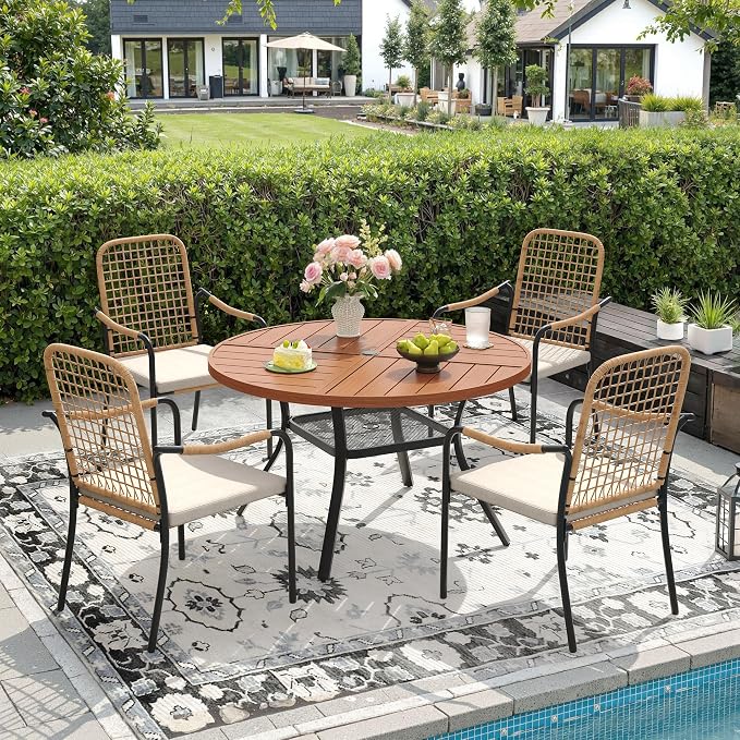 DIFY 5 Pieces Outdoor Dining Set, Metal Patio Table and Chairs Set for 4, 40.6" Round Dining Table with Umbrella Hole & Wicker Stackable Patio Chairs with Cushions, Walnut Tabletop