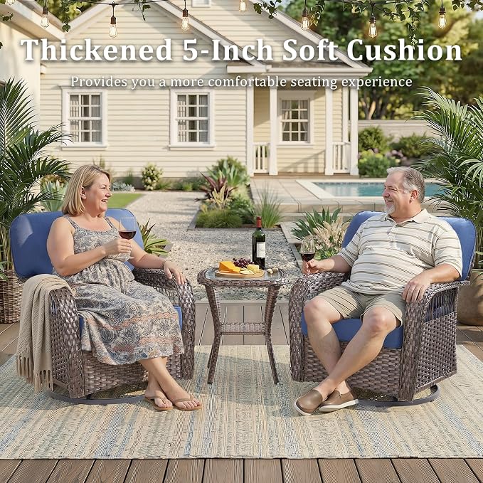 5 PCS Patio Furniture Set Outdoor Sectional Sofa Couch with Rocking Swivel Chairs 5" Deep Seat Chairs, Modern Wicker Rattan Conversation Set, Blue/Brown Wicker