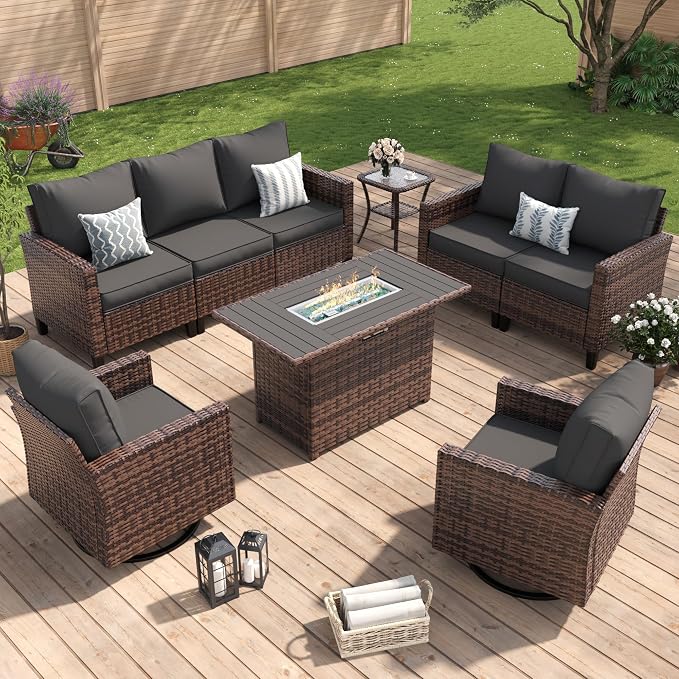Amopatio Patio Furniture Set with Fire Pit Table, Wicker Outdoor Sectional Sofa with Swivel Rocker Chairs, All-Weather Rattan Conversation Set, Waterproof Cover for Backyard, Deck Brown/Grey 6 PCS
