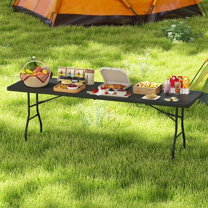 Tangkula 8 FT Folding Table, Indoor Outdoor Foldable Plastic Table with HDPE Tabletop, Sturdy Metal Fame, Carrying Handle, Heavy Duty Portable Fold-in-Half Picnic Table for Camping BBQ Party