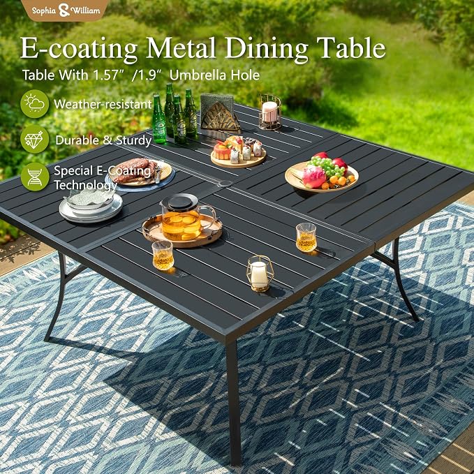 Sophia & William Outdoor Dining Set for 8 w/Square Metal Table, Blue | 57.5'' table and 8 patio swivel chairs with E-coating metal & textilene fabric. Weather-resistant. Suitable for deck, garden