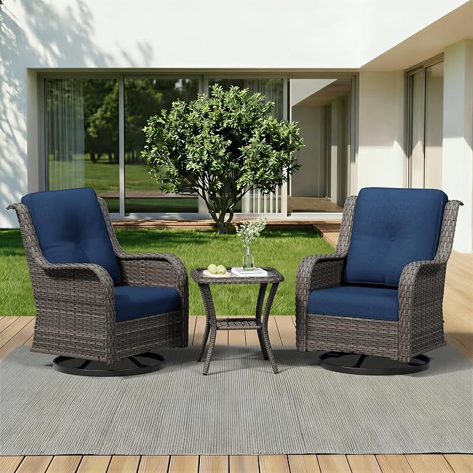 3 Piece Outdoor Wicker Patio Furniture Set, Swivel Rocker Patio Chairs Set with Thickened Olefin Cushions, High Back and Deep Seating, Hand-Woven PE Rattan for Porch, Deck