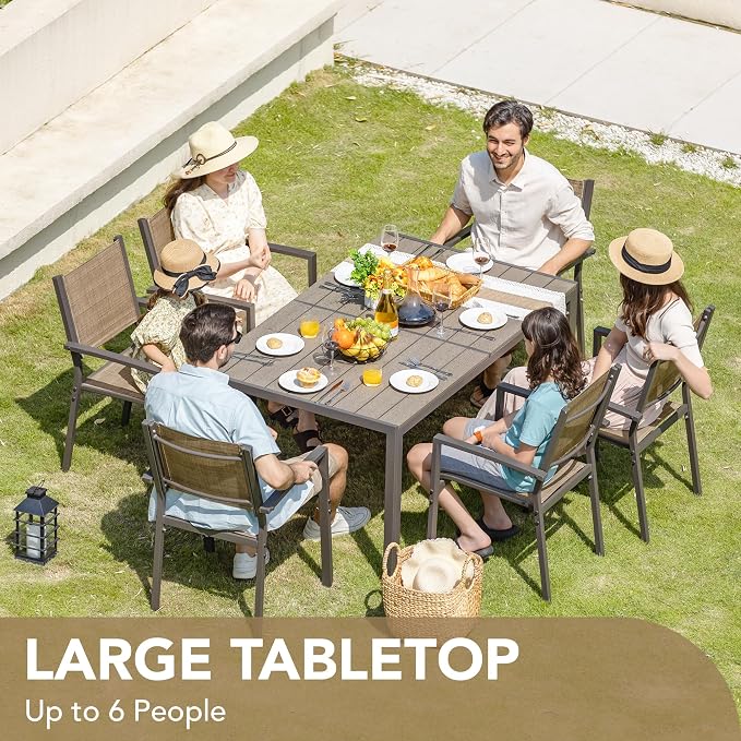 Devoko Patio Dining Set 7 Piece Outdoor Furniture with Rectangular Table and 6 Stackable Chairs Family Conversation Set for Garden Backyard Deck (Brown)
