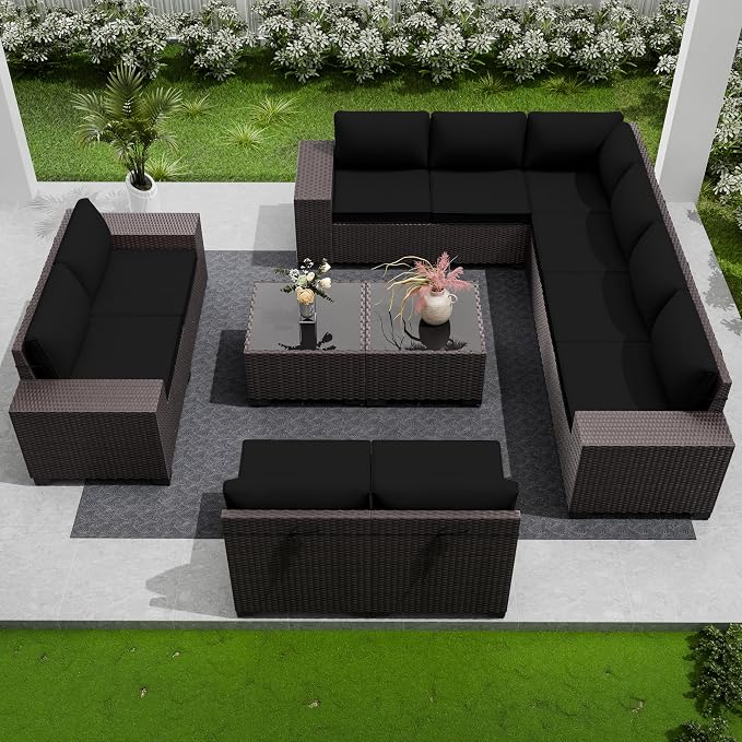 12 PCS Outdoor Patio Furniture Set,Outdoor Sectional Furniture All Weather PE Rattan Wicker Patio Conversation Set with 2 Coffee Tables and 10 Thickened Cushions,Black
