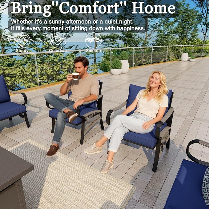 8-Piece Outdoor Furniture Set, Metal Swivel Rocking Chairs with All-Weather Cushions, Patio Conversation Set with Fire Pit Table for Deck, Porch, Garden, Backyard, Poolside (Blue Cushions)