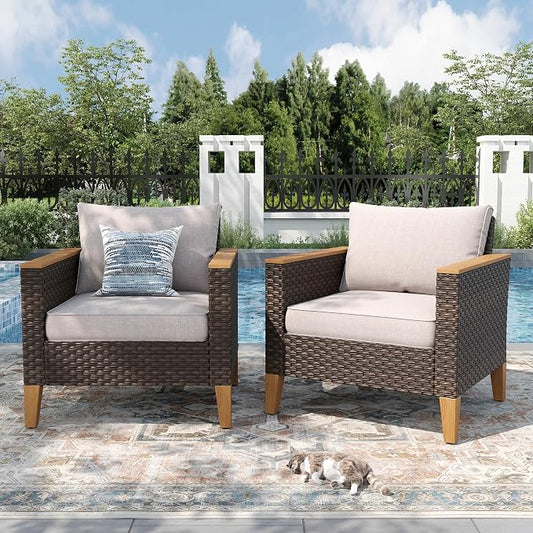PHI VILLA Outdoor Wicker Patio Furniture Sectional Sofa Set with Cushion Couch for Poolside,Garden 2 x Single Sofa,Beige
