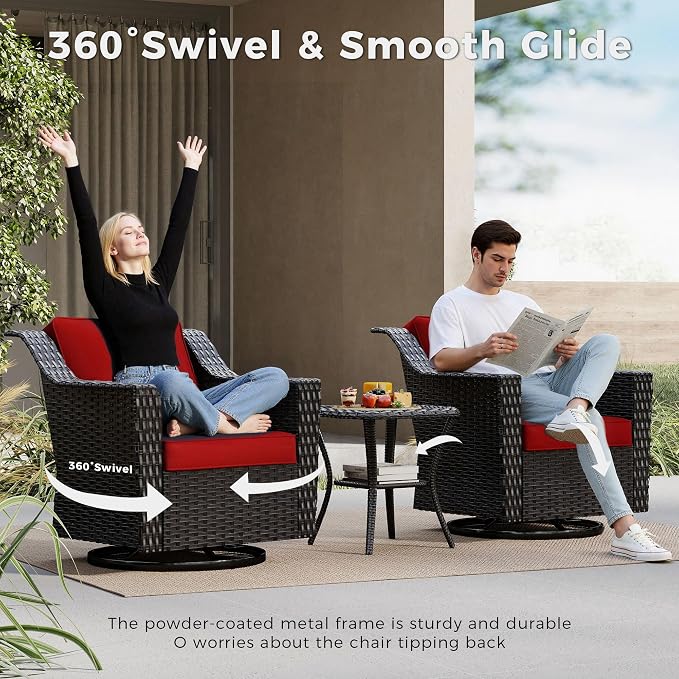 6 Pieces Patio Conversation Furniture Set - 2 Sofas, 2 Swivel Chairs, 2 Ottomans, Outdoor Wicker Furniture with Removable Cushions for Porch, Balcony, Sunroom (Red)