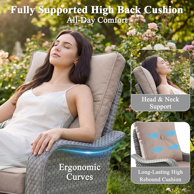 7 Piece Wicker Patio Furniture Set with 55,000 BTU Fire Pit Table, Swivel Rocking Chairs, 4''Cushions, PE Rattan, Wind Guard Glass, for Backyard, Deck or Balcony, Beige
