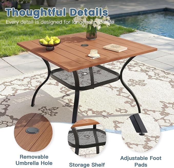 DIFY 5 Pieces Outdoor Dining Set, Metal Patio Table and Chairs Set for 4, 37.8" Square Dining Table with Umbrella Hole & Wicker Stackable Patio Chairs with Cushions, Walnut Tabletop