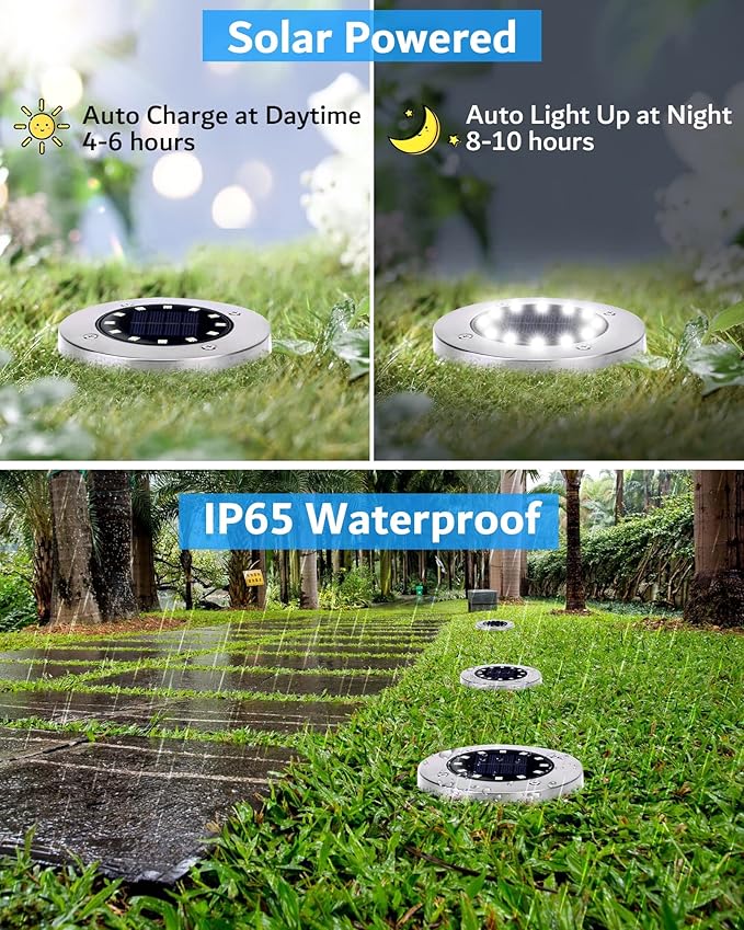 Biling Solar Ground Lights Outdoor Bright Waterproof 8 Pack White | Flat 12 LEDs Solar Outdoor Lights Longevity, Easy To Assemble and Use, for Yard Walkway Garden Driveway