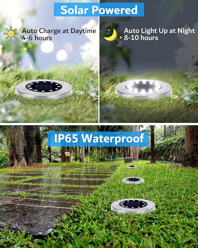Biling Solar Ground Lights Outdoor Bright Waterproof 12 Pack White | Flat 12 LEDs Solar Lights Outdoor Longevity, Easy To Assemble and Use, for Yard Walkway Garden Driveway