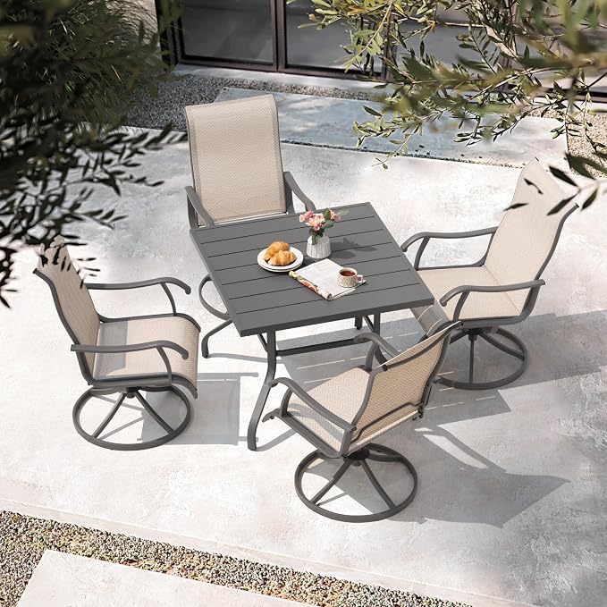 NUU GARDEN 5-Piece Outdoor Patio Dining Set, Slatted 37’’ Square Table with Umbrella Hole and 4 Patio Swivel Textilene Chairs, All Weather Patio Furniture Set for Porch, Backyard, Garden, Poolside