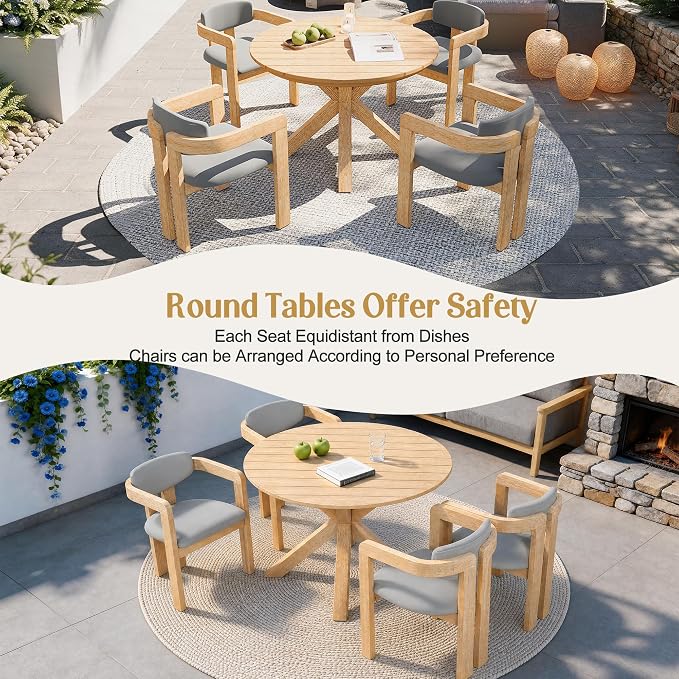5-Piece Outdoor Dining Set, Solid Acacia Wood Patio Table with 4 Barrel Chairs, Cushioned Seats & Backs (Non-Removable), Modern Garden Conversation Set, Gray Cushion