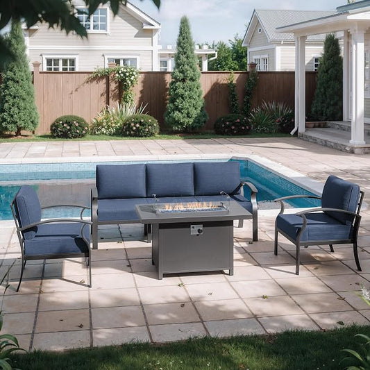Kurapika Aluminum Patio Furniture Set 5-Seat Modern Metal Outdoor Conversation Sets w/45in Propane Fire Pit Table, w/5.1 Inch Cushion Patio Sectional Sofa w/5.1 inch Cushion, Navy Blue