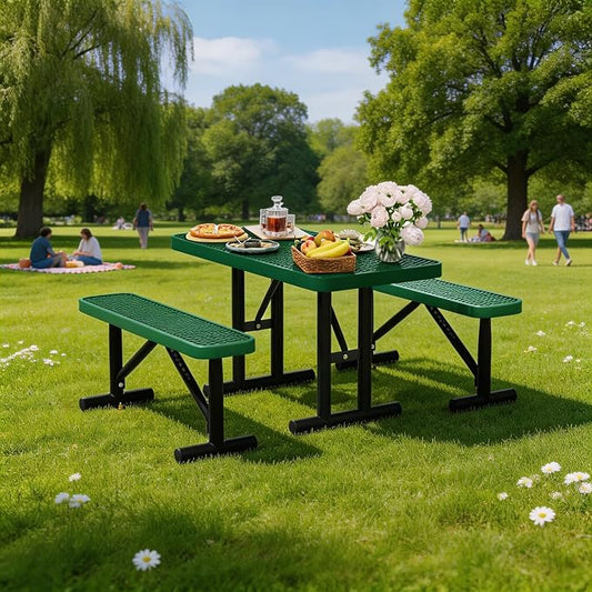 4FT Outdoor Metal Picnic Table with 2 Benches,Heavy Duty Rectangular Picnic Table Set for Outside, Waterproof Commercial Restaurant Table Furniture for Park, Campfield, Patio, Garden, Yard