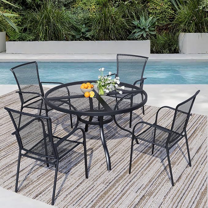 5 Pieces Outdoor Dining Set for 4, Black Metal Mesh Outdoor Dining Table and 4 Black Metal Mesh Stackable Patio Chairs with Armrest, Patio Table and Chairs Set for Lawn Garden Backyard