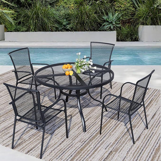 5 Pieces Outdoor Dining Set for 4, Black Metal Mesh Outdoor Dining Table and 4 Black Metal Mesh Stackable Patio Chairs with Armrest, Patio Table and Chairs Set for Lawn Garden Backyard