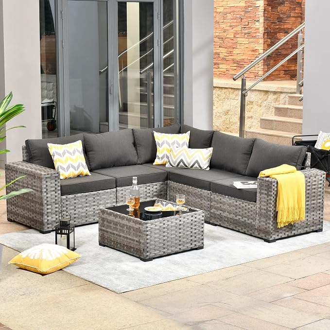HOOOWOOO Outdoor Patio Sectional Furniture Sofa Set with Widened Armrest,6 Piece Small Modern Wicker Couch,Modular L Shaped Conversation Seating Set with Table for Out Door Garden Corner(Black)