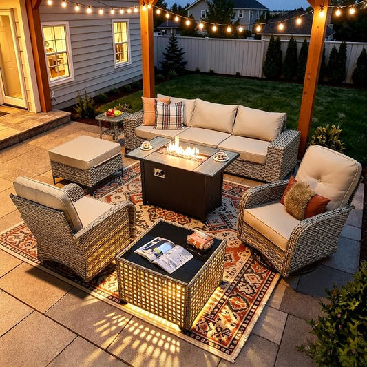 9-Piece Wicker Outdoor Sectional Furniture with Fire Pit, Wide Armrest Patio Couch Set Swivel Rocking Chair Ottoman Solar Table, Modular Conversation Sets for Backyard Deck Garden, Beige