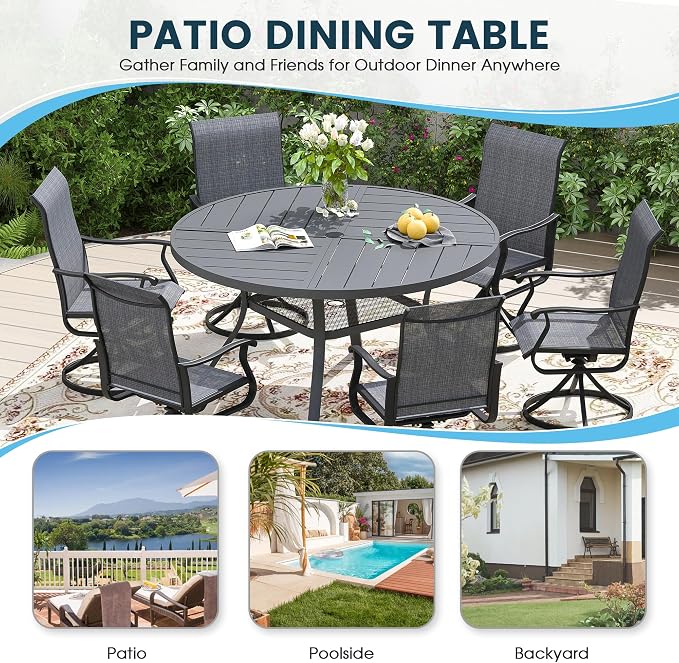 Patio Dining Table for 4-6, Round Metal Outdoor Table with Storage Shelf, 1.57" Umbrella Hole, 47" Outdoor Quartered Tabletop Dining Table for Backyard, Porch, Lawn, Dark Grey