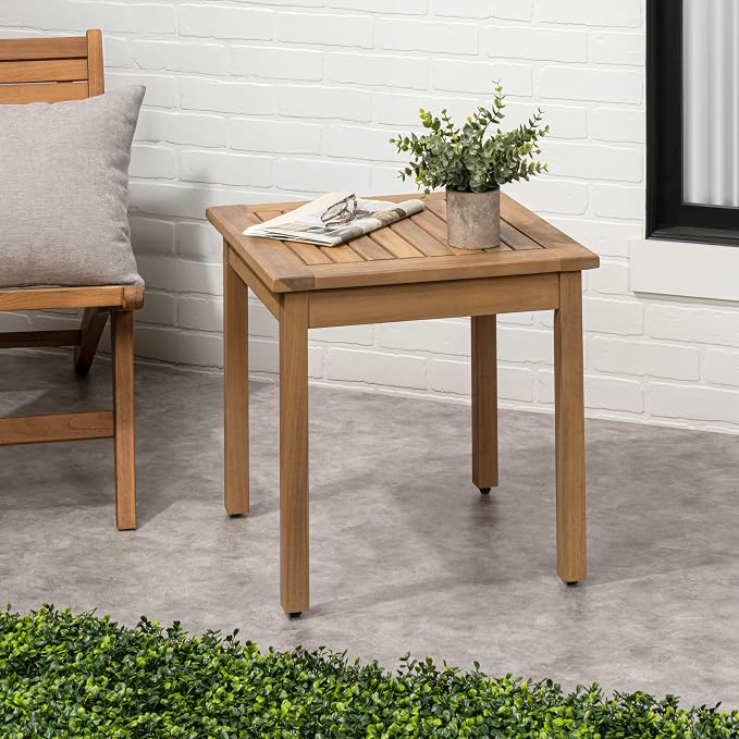 JONATHAN Y Archer 18" Square Acacia Wood Outdoor Side Table, Modern Glossy Light Teak Slatted Patio End Table for Porch, Poolside and Garden, Weather Resistant Accent Table END6000T