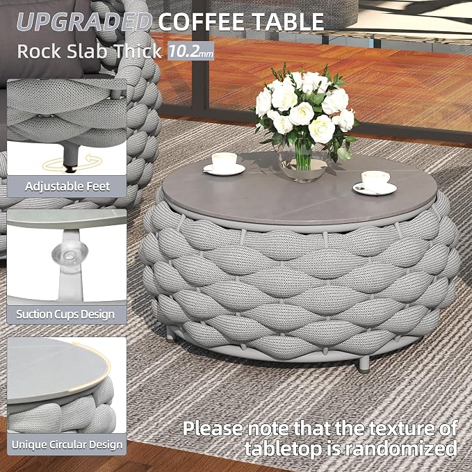TWT Aluminum Patio Furniture Set Three Seater Sofa Outdoor Furniture Set w/Coffee Table,Patio Conversation Set with Hand Woven Polyester Rope for Bedroom Backyard Poolside, Grey