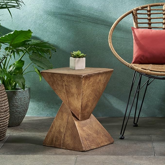 Merax Modern Concrete Side Table with Hourglass Design - Hand-Painted Wood Finish Accenttable for Indoor/Outdoor, Natural