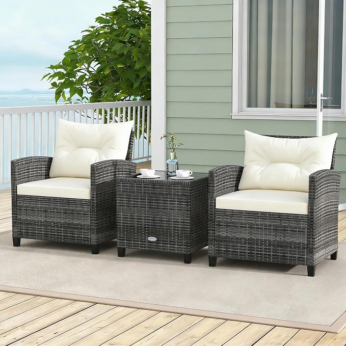 ORALNER 3 Pieces Patio Furniture, Outdoor Wicker Conversation Set Chairs with Soft Cushions and Glass Coffee Table, Mix Gray Rattan Bistro Set for Balcony Garden Deck Front Porch Poolside (White)