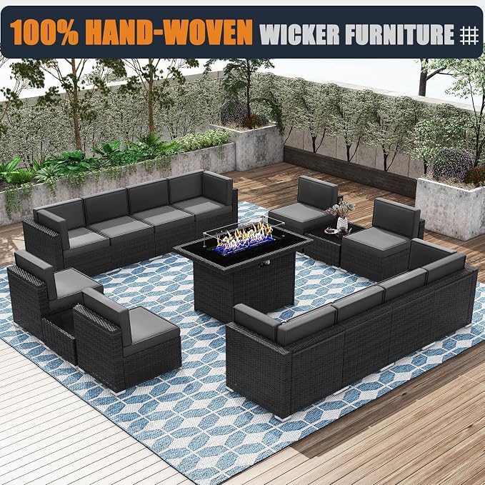 Patio Furniture Set with Fire Pit Table, 15 Pieces Outdoor All-Weather Wicker Conversation Sectional Chair Sofa Set