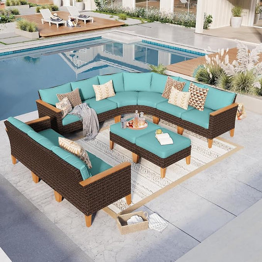 GREEN PARTY 11 Pieces Wicker Patio Furniture Set, All-Weather Outdoor Rattan Half-Moon Curved Patio Sectional Sofa Conversation Set with 4" Thick Cushions for Garden, Backyard, 2 x Ottomans (Blue)