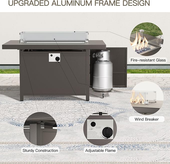 Aluminum Patio Furniture Set with 55,000 BTU Propane Fire Pit Table, 10 Seats Metal Modern Outdoor Furniture w/5.1" Cushions, Sectional w/Swivel Chairs for Backyard, Sand