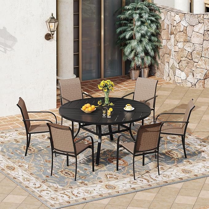 VICLLAX 7 Pieces Patio Outdoor Dining Set, 47.2" Round Metal Table with Umbrella Hole and Storage Shelf, 6 Stackable Textilene Chairs for Patio, Lawn, Garden, Porch, Black/Brown