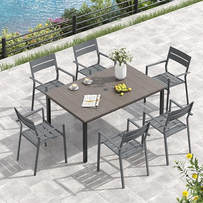VICLLAX Outdoor Table for 6, Metal Patio Dining Table with Umbrella Hole for Garden Lawn Deck Backyard, Antique Grey Tabletop