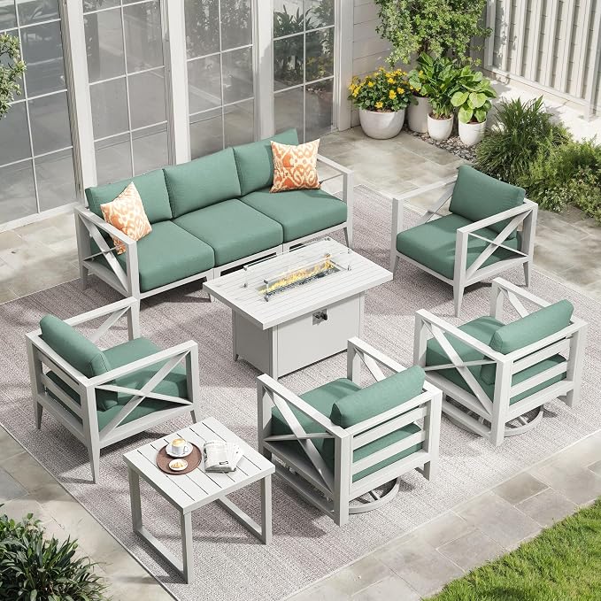 Aluminum Patio Furniture Set with Oversized Fire Pit Table, 9-Piece All-Weather Outdoor Conversation Set with Swivel Rocking Chairs, Oversized Modern Sofa for Backyard,Deck,Balcony–White