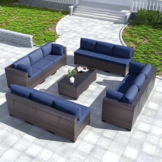 Kullavik 14PCS Outdoor Patio Furniture Set PE Wicker Rattan Sectional Sofa Patio Conversation Sets,Navy Blue