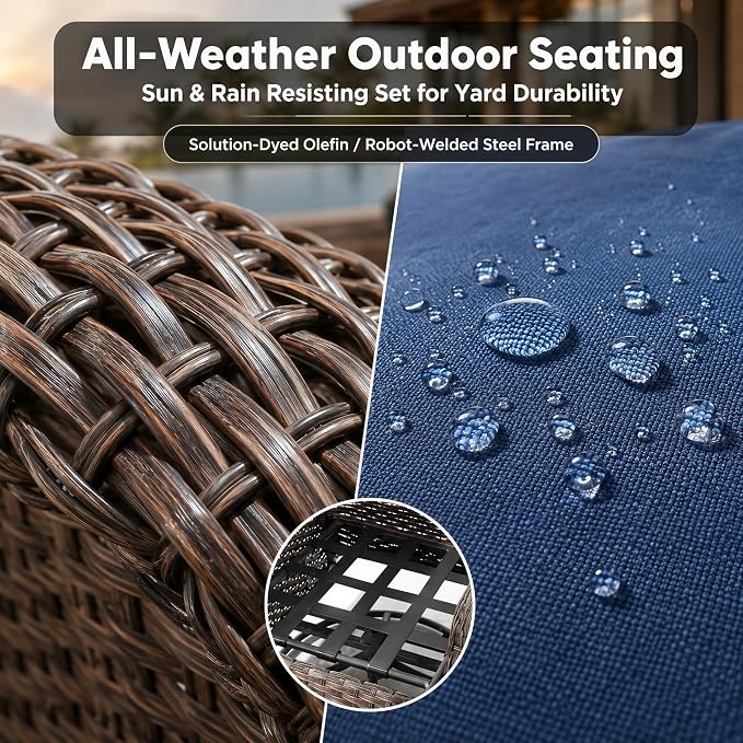 HUMMUH 3-Piece Outdoor Wicker Swivel Rocker Patio Set, High Back | 6 in Olefin seat and back cushions, PE rattan, steel frames, 350 lb chair capacity, for deck, yard, and poolside