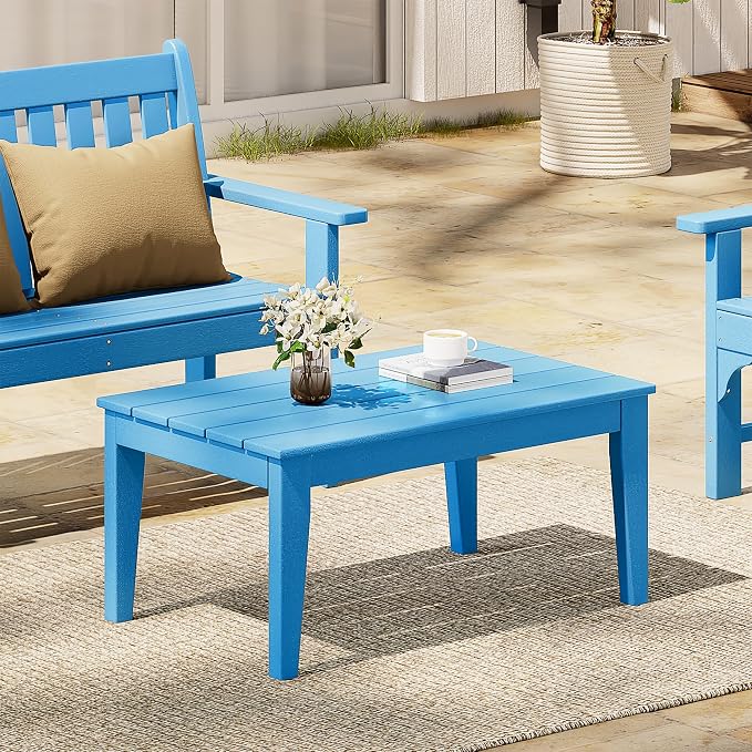 Costaelm Adirondack Outdoor Coffee Table, HDPE Drink Table Weather Resistant, Patio Porch Accent Balcony Table Outdoor End Table for Pool, Seaside, Backyard, Pacific Blue